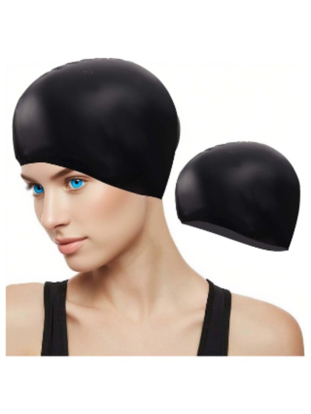 Black Silicone Ear Swimming Cap Waterproof  for Men Women Adults